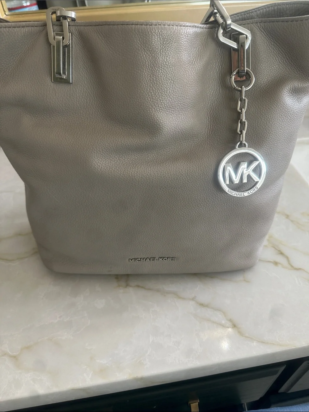 Michael Kors Pebble Leather Taupe-Gray Tote with MK Charm & crossbody strap .